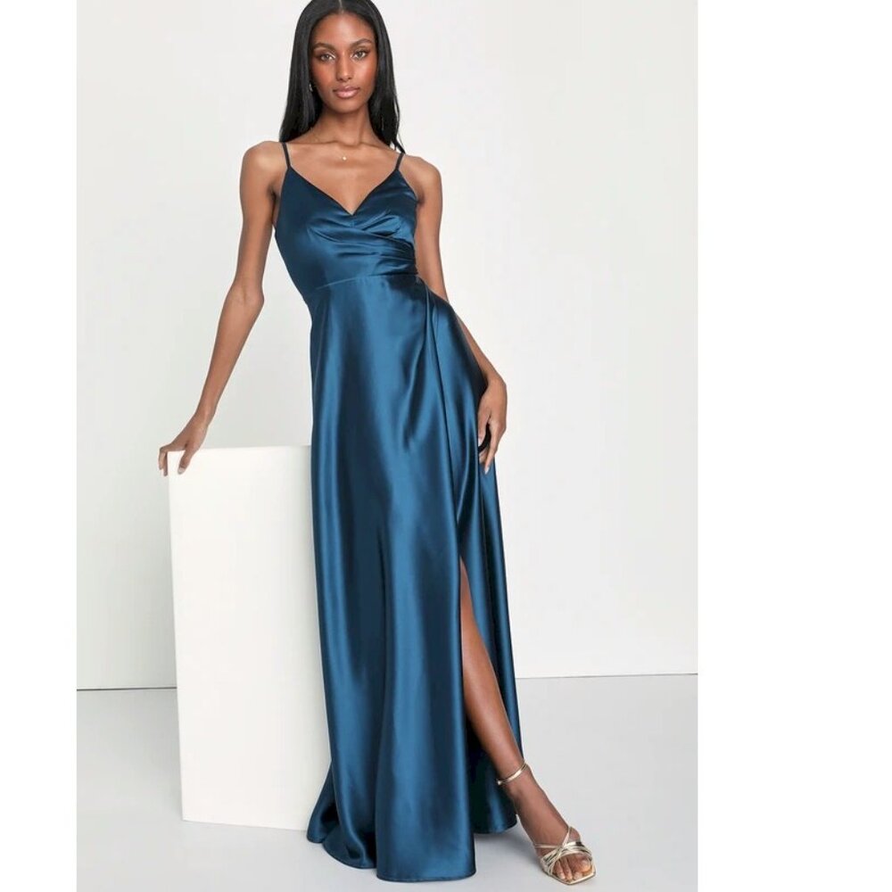 Lulus Shades of Love Teal Blue Satin Faux-Wrap Maxi Dress Medium with Flaw